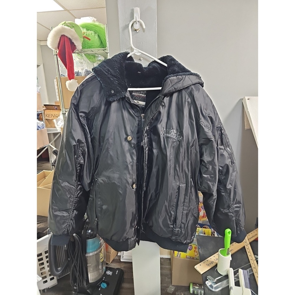 Vintage South Pole Puffer Bomber Jacket Sz XL Black Zip button Hooded EUC